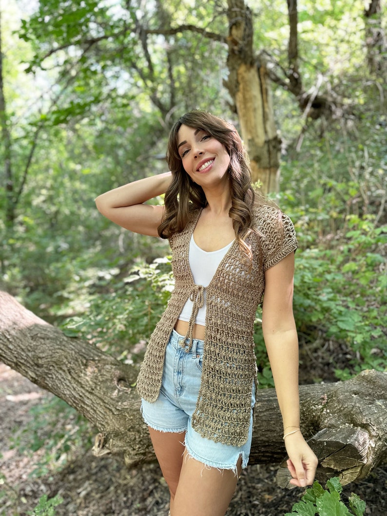 the whimsy willow cardigan crochet pattern, pdf digital download, cute handmade cardigan idea, top down crochet cardigan, tie front cardigan, side slit cardigan, summer crochet cardigan pattern, evelynandpeter crochet, lion brand yarn, truboo yarn