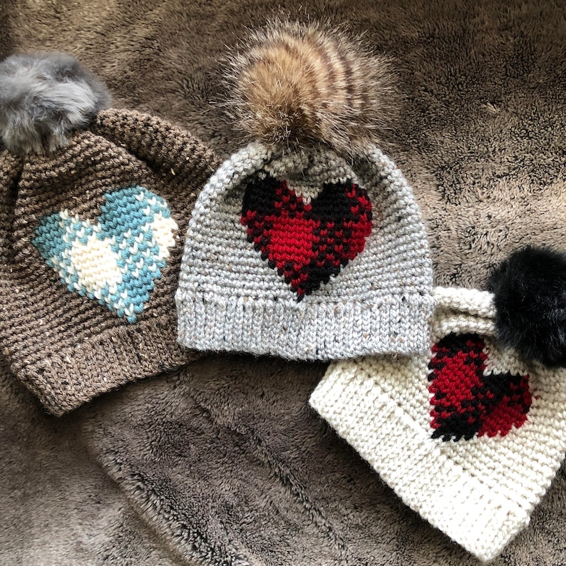 Plaid About You Beanie PDF DIGITAL DOWNLOAD Crochet Pattern, plaid heart hat crochet pattern gingham beanie, winter plaid hat, buffalo plaid image 2