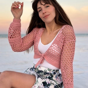 cute crochet top, ocean tied cardi, cute cropped cardigan, women's cropped sweater, crochet summer top, mesh style crochet top, lion brand yarn, 24/7 cotton DK yarn, light weight yarn, crochet pattern ideas, pdf digital download crochet pattern