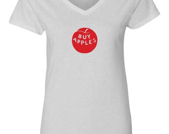 ACQUISTA MELE! T-shirt donna con scollo a V, maglietta retrò, maglietta Atlantic, t-shirt Nuova Scozia, t-shirt Annapolis Valley, t-shirt produzione, t-shirt Canada