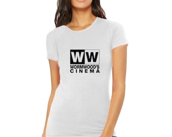Wormwood's Cinema Logo T-shirt da donna, t-shirt segno cinematografico, t shirt film, t-shirt Halifax, camicia Nuova Scozia, repertorio artistico alternativo