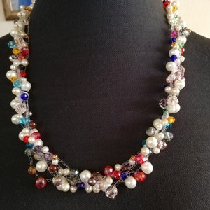crochet necklace with Austrian stones, glass, pearls, synthetics...