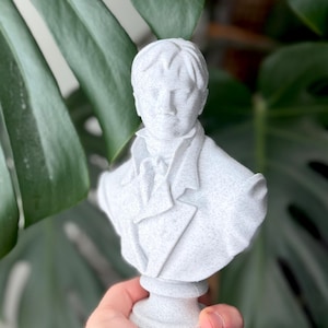 Può includere: Una piccola scultura a busto bianco maculato di una persona con giacca formale e cravatta. La scultura è tenuta davanti a una grande foglia verde. Il busto è alto circa 13 cm.