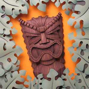 Tiki Sculpture, 3D Wall Art, One-Of-A-Kind Original Paper Sculpture, Hawaiian God of Money, Tropical Leaves, Perfect for Tiki Lovers!