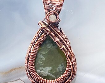 Copper Wire Wrapped Vessonite Pendant, Wire Woven Green Stone Pendant, Wire Weaving, Wire Wrapping, Stone Pendant, MadeinUSA