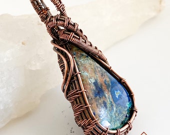 Shattuckite Pendant, Wire Wrapped Shattuckite Necklace, Copper Stone Necklace, Wire Woven Pendant, Wire Wrapped Jewelry, FreeStyles Jewelry