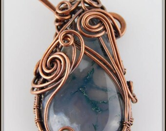 Moss Agate Pendant, Wire Wrapped Moss Agate Necklace, Copper Moss Agate Pendant, Stone Pendant, Wire Wrapped Jewelry, Gift Idea