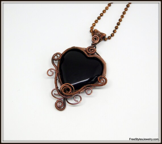 Wire Wrapped Black Stone Heart Pendant - Black Stone Heart Pendant Wire Wrapped Black Stone Heart Pendant - Black Stone Heart Pendant