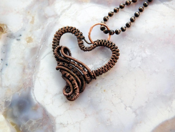 Copper Gift for Her Intricate Wire Woven Heart Necklace with Handmade Chain Bohemian
