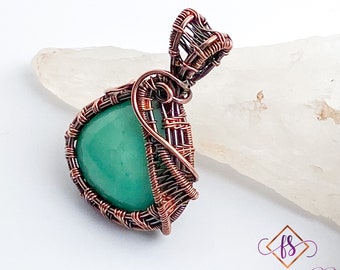 Copper Wire Wrapped Chrysoprase Pendant, Wire Woven Green Stone Pendant, Wire Weaving, Wire Wrapping, Stone Pendant, FreeStyles Jewelry,