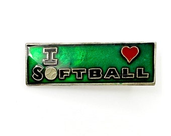 I Love Softball Pin | Vintage I Heart Softball Enamel Lapel Pin | Slow Pitch, Fast Pitch, Varsity, or Rec League