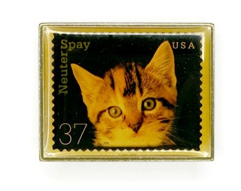 Spay and Neuter Pin | Vintage Cat Postage Stamp 37 Cents Pet Badge | Screen Print and Epoxy Button