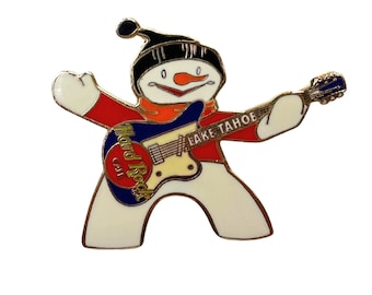 Hard Rock Cafe Lake Tahoe Guitar Pin | Vintage Snowman Playing Guitar | HRC Logo Memorabilia Badge
