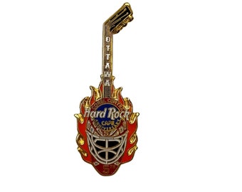 Hard Rock Cafe Ottawa Pin | Vintage 5th Anniversary Hockey Stick and Goalie Mask Guitar Enamel Pin | HRC Logo Badge