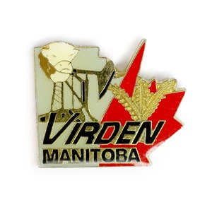 Vintage Virden Manitoba Pin, Canadian Maple Leaf Enamel Pin, Retro Travel Souvenir, Oil Capital Button Brooch