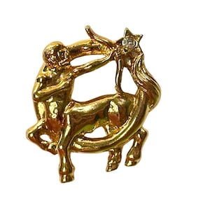 Vintage Sagittarius Pin, Gold Tone Zodiac Archer Brooch, November December Birthday Gift, Horoscope Enamel Lapel Pin