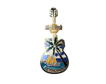 Hard Rock Cafe Orlando Guitar Pin | Vintage Enamel Pin | White Les Paul w/Beach Scene, Palm Tree, Sand and Umbrella | HRC Memorabilia