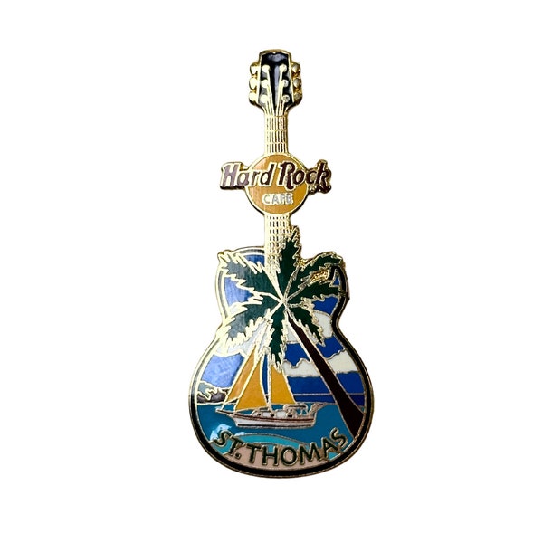 Hard Rock Cafe Orlando Guitar Pin | Vintage Enamel Pin | White Les Paul w/Beach Scene, Palm Tree, Sand and Umbrella | HRC Memorabilia