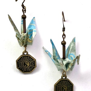 Gold on Blue Origami Inspired Earrings with Against Evil Charm dangles