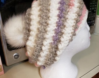 Hand Crocheted lavender pink grey hat with faux fur pom pom