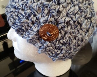Hand Crochet Ponytail or Bun Hat Blue