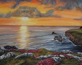 Lands End Cornwall at Sunset. Original acrylic painting on box canvas. Seascape.
