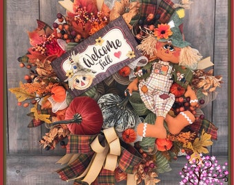 Scarecrow Wreath, Harvest Wreath, Fall Wreath, Autumn Wreath, Autumn Decor, Pumpkin Wreath, Front Door Wreath, Pumpkin Decor