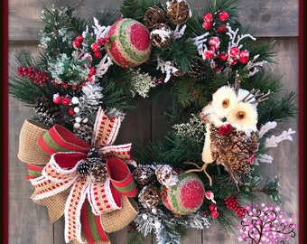 Rustic Christmas Wreath, Christmas Wreath, Owl Wreath, Holiday Wreath, Door Wreath, Farmhouse Christmas, Farmhouse Wreath, Winter Wreath