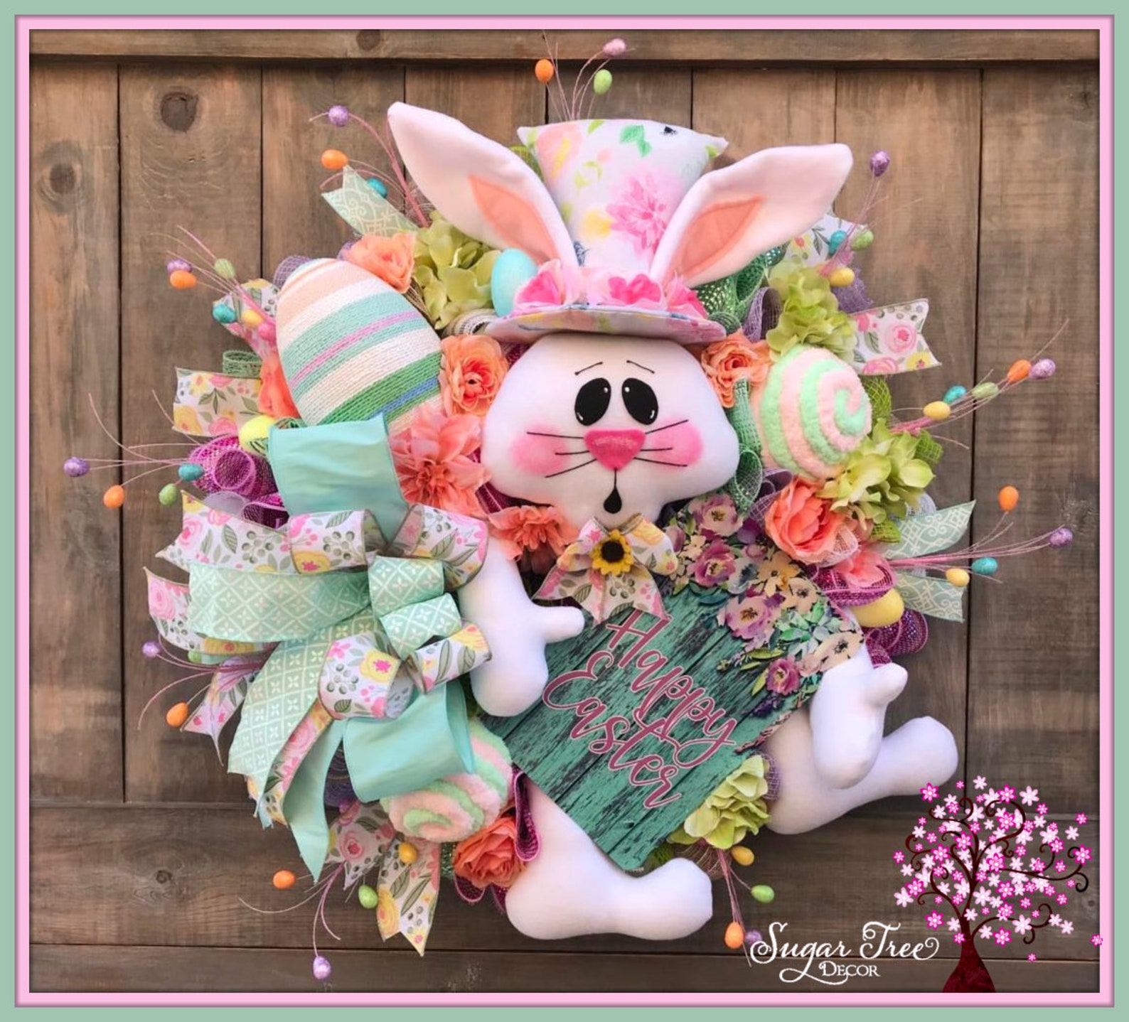 Happy Easter Bunny Deco Mesh Wreaths with Flowers and Twig Berries Happy Easter Bunny Deco Mesh Wreaths with Flowers and Twig Berries