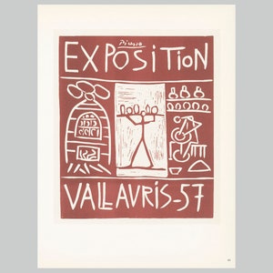 May include: A vintage art print with a red background and white linocut illustrations. The print features the word "EXPOSITION" at the top, with the artist's name "Picasso" above it. Below, it reads "VAILAVRIS-57". The print includes stylized images of a stove, a figure, and other objects.