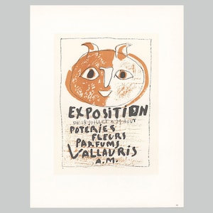 May include: An art print featuring a stylized orange and white face with a whimsical design. The print includes the text "EXPOSITION" and other French text, advertising an event in Vallauris.