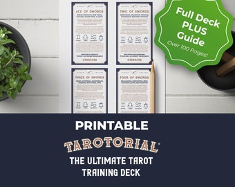 Tarotorial Printable Tarot Training Deck, Tarot Cards for Beginners with Meanings on Them, Tarot with Keywords, Planet, Zodiac, Element