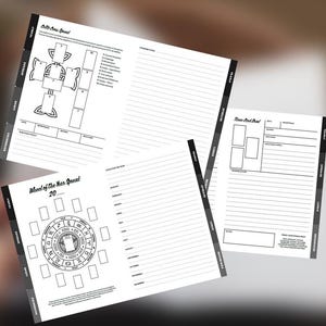 May include: Three white paper pages from a tarot journal featuring black ink layouts. One page shows a Celtic Cross spread, another a Wheel of the Year spread with zodiac symbols, and the third a Three-Card Draw layout with lined sections.