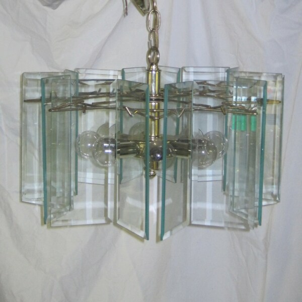 ONE DOLLAR SHIPPING! Fabulous Atomic Vintage Chandelier Light Fixture Beveled Glass Panels Goldtone