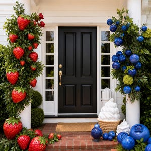 May include: A black front door flanked by two white columns decorated with large artificial strawberries on the left and large blue berries on the right. A decorative ice cream cone sculpture sits on the brick porch near the blue berry display.