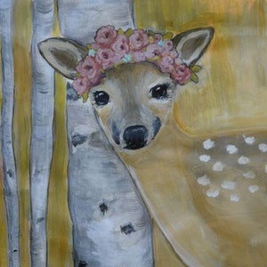 Forest, Princess, Young, Doe, golden ,forest, rose, crown, carpet,  moss, golden, canvas. Original, art,work,