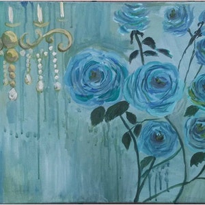 Lush Roses, Bright, Colorful Painting, teal roses, chandelier, approx 16x20, original acrylic on canvas