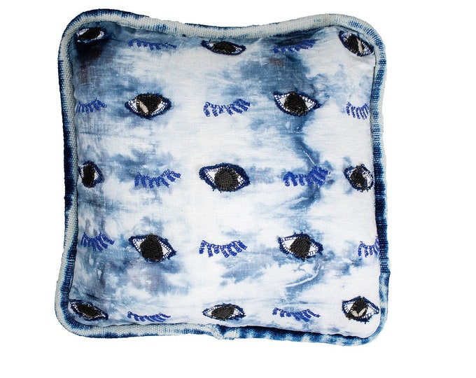 Linen Shibori Cover - Hand Embroidered Eye Pillow - Indigo