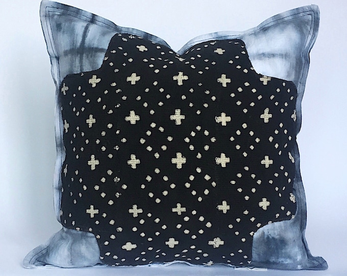 Indigenous Mid Century Pillow Cover + Black African Mudcloth - Shibori 100% Linen