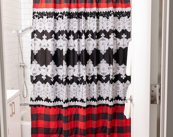 African Hand Block and Buffalo Plaid Tall Shower Curtain