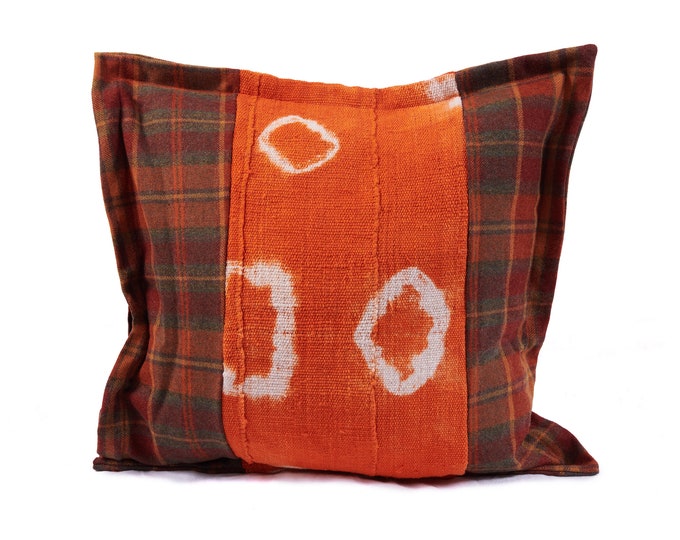 Tartan Cloth - Orange Mud Cloth and Plaid Throw Pillow