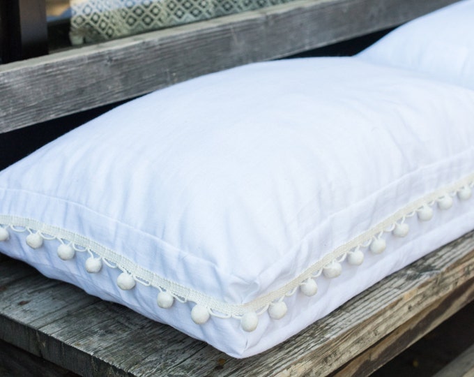 Bonita Box Cushion . Organic Linen Decorative Pillows with Pom Pom Trim.