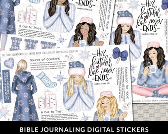 May include: Digital stickers for bible journaling featuring illustrations of women in winter clothing with inspirational quotes and scripture verses. The quotes include "His faithful love never ends - Lamentations 3:22", "Source of Comfort", "Foundation for Hope", and "A Call to Trust".