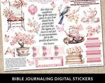 May include: Digital stickers for bible journaling featuring watercolor illustrations of cherry blossoms, a teapot, a bird, a chair, a lantern, and books. The stickers include quotes about life and legacy.  "Our days are numbered. One of the primary goals in our lives should be to prepare for our last day. The legacy we leave is not just in our possessions, but in the quality of our lives." - Billy Graham