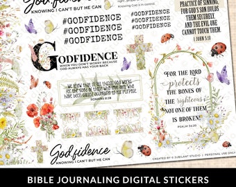 May include: Digital stickers for bible journaling with floral and ladybug designs. The stickers feature bible verses and phrases like "Godfidence", "Knowing I can't but He can", "When you don't worry because God always has your back", "We know that in all things God works for the good of those who love Him", "For the Lord protects the bones of the righteous: Not one of them is broken!"