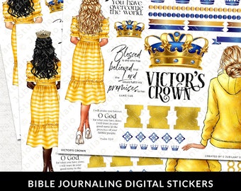 May include: Digital stickers for bible journaling with illustrations of women wearing yellow dresses and a crown. The stickers feature bible verses, including "Jesus, You have overcome the world." and "Blessed is she who has believed that the Lord would fulfill His promises to her. Luke 1:45".