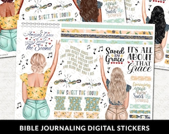 May include: Digital stickers for bible journaling featuring illustrations of women with long hair, wearing floral dresses and denim shorts. The stickers feature the text "Amazing Grace How Sweet The Sound", "Saved By Grace", and "It's All About That Grace".