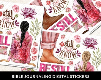 Quédate quieto y conoce, pegatinas imprimibles para diario bíblico, diversidad, fe cristiana, estudio bíblico, planificador, pegatinas bíblicas, arte de margen, pestañas