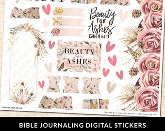 Beauty for Ashes Bible Journaling Stickers Printable, Isaiah 61:3, Christian Faith, Bible Study, Planner, Bible Stickers, Instant Download