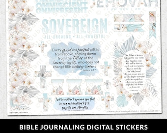 May include: Digital stickers for bible journaling with floral and cross designs. The stickers feature bible verses such as "Every good and perfect gift is from above, coming down from the Father of the heavenly lights, who does not change like shifting shadows." and "I will be a father to you and you shall be my sons and daughters, says the Lord Almighty."
